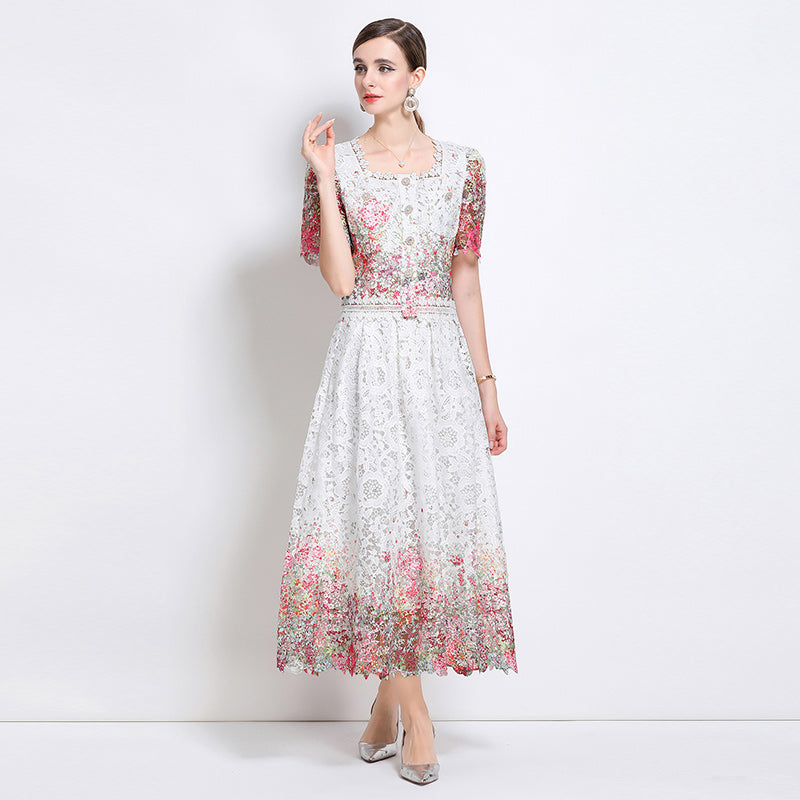 CM-DY045816 Women Elegant European Style Lace Round Neck Short Sleeve Slim Midi Dress
