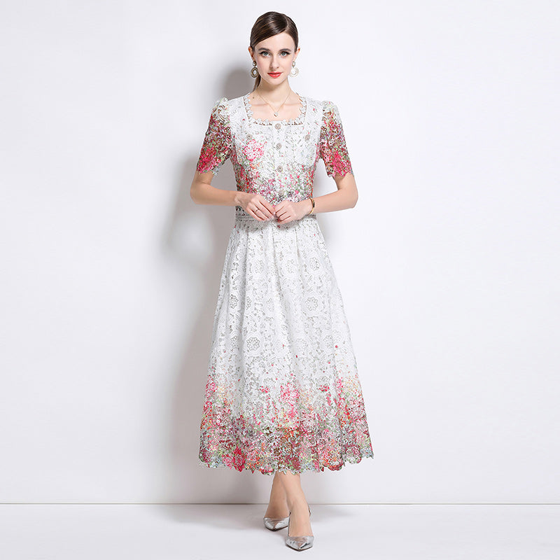 CM-DY045816 Women Elegant European Style Lace Round Neck Short Sleeve Slim Midi Dress