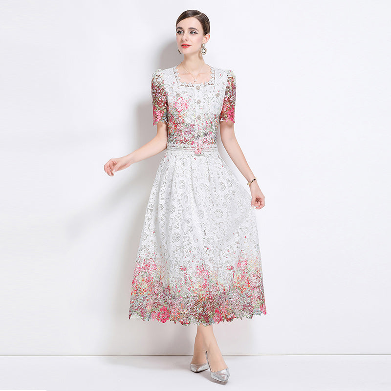 CM-DY045816 Women Elegant European Style Lace Round Neck Short Sleeve Slim Midi Dress