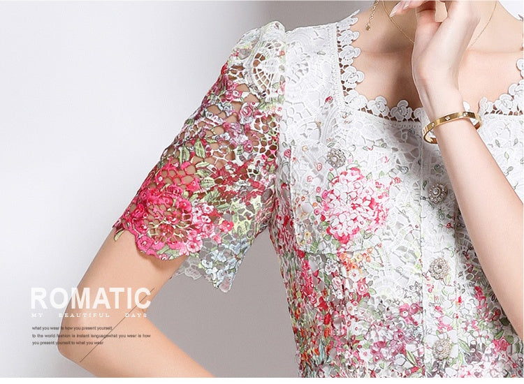 CM-DY045816 Women Elegant European Style Lace Round Neck Short Sleeve Slim Midi Dress