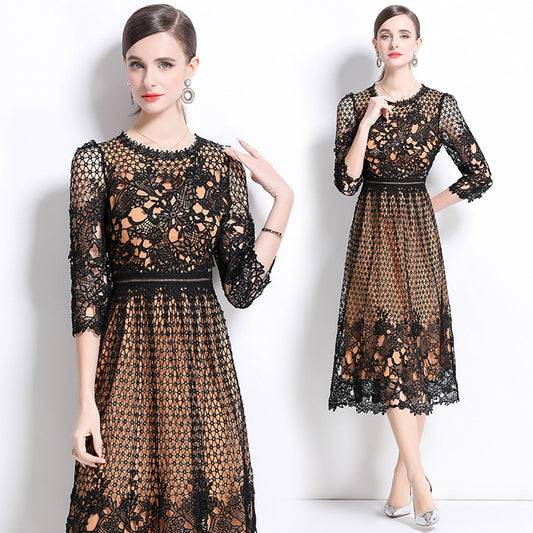 CM-DY045817 Women Elegant European Style Round Neck Long Sleeve Lace Slim Hollow Midi Dress - Black