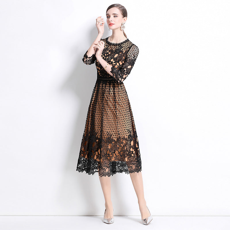 CM-DY045817 Women Elegant European Style Round Neck Long Sleeve Lace Slim Hollow Midi Dress - Black