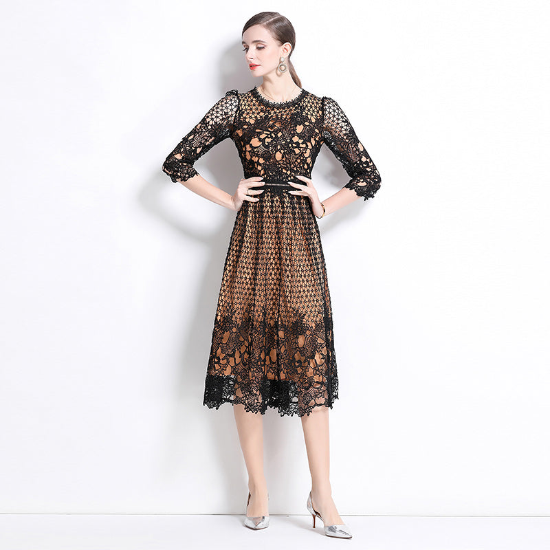 CM-DY045817 Women Elegant European Style Round Neck Long Sleeve Lace Slim Hollow Midi Dress - Black