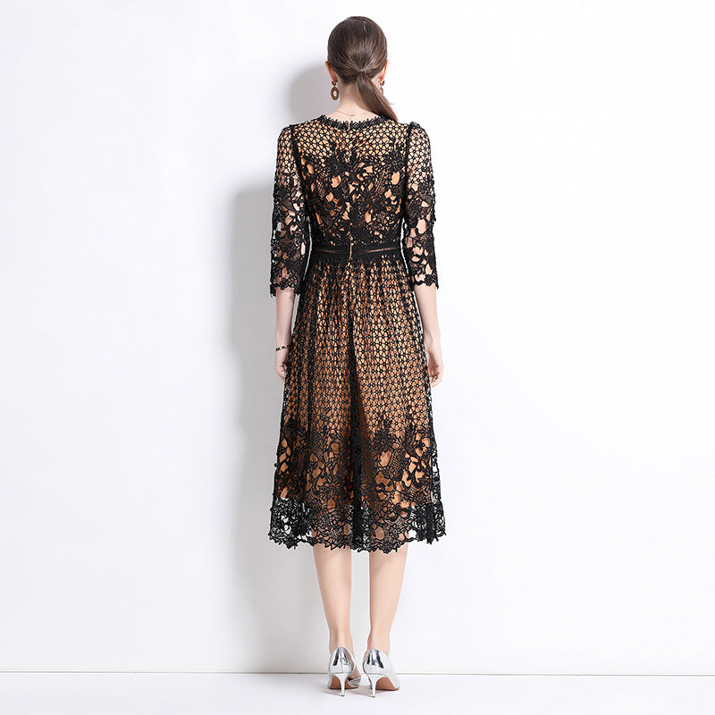 CM-DY045817 Women Elegant European Style Round Neck Long Sleeve Lace Slim Hollow Midi Dress - Black