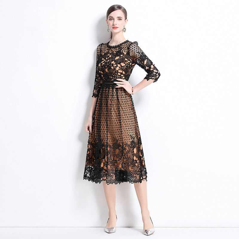 CM-DY045817 Women Elegant European Style Round Neck Long Sleeve Lace Slim Hollow Midi Dress - Black