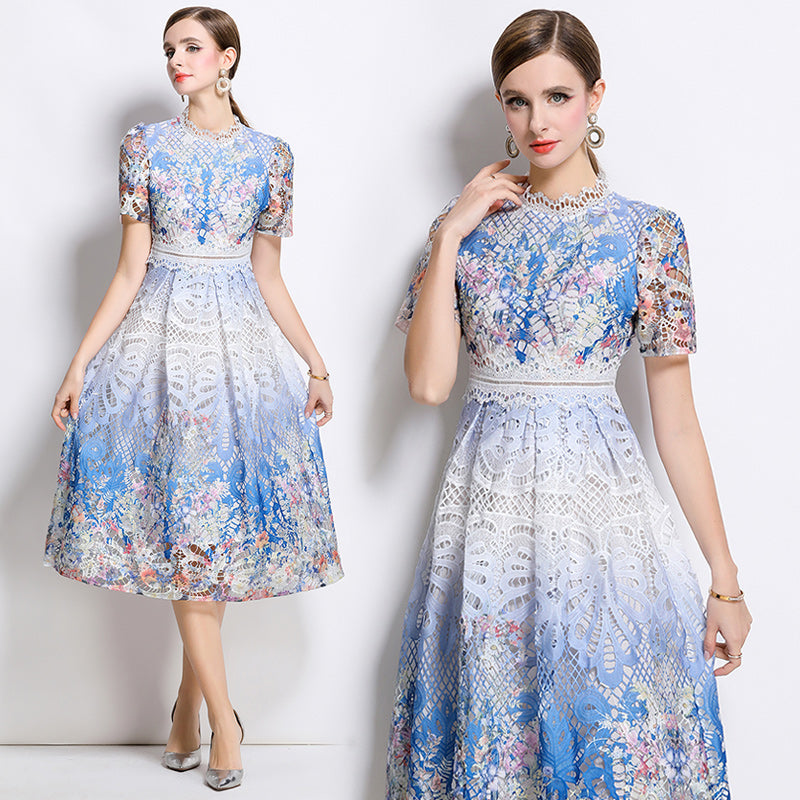 CM-DY045818 Women Elegant European Style Stand Collar Short Sleeve Lace Hollow Midi Dress - Blue