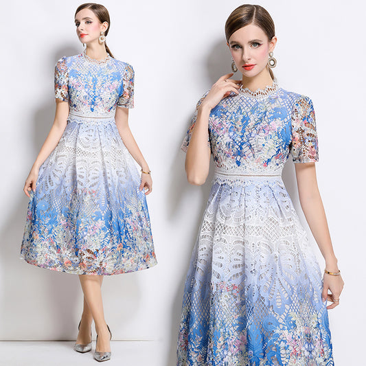 CM-DY045818 Women Elegant European Style Stand Collar Short Sleeve Lace Hollow Midi Dress - Blue