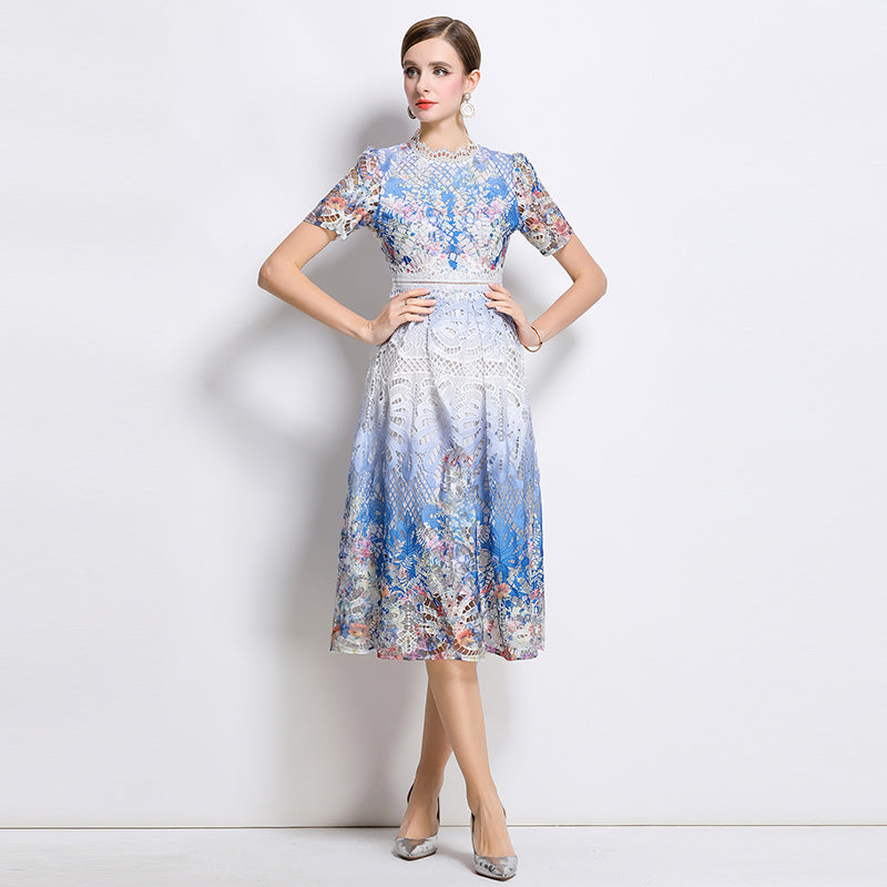 CM-DY045818 Women Elegant European Style Stand Collar Short Sleeve Lace Hollow Midi Dress - Blue
