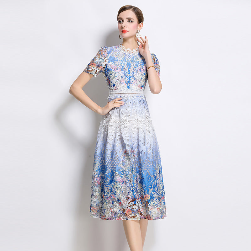 CM-DY045818 Women Elegant European Style Stand Collar Short Sleeve Lace Hollow Midi Dress - Blue