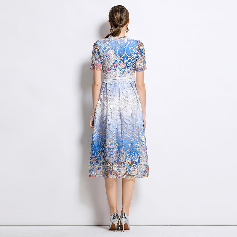 CM-DY045818 Women Elegant European Style Stand Collar Short Sleeve Lace Hollow Midi Dress - Blue