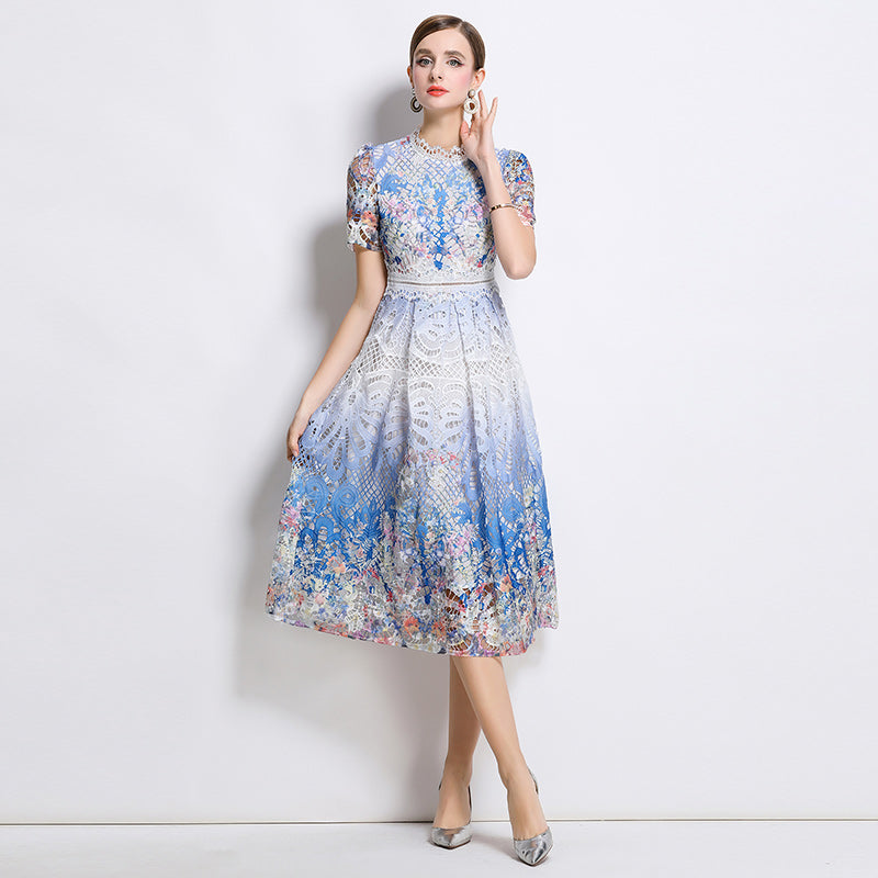 CM-DY045818 Women Elegant European Style Stand Collar Short Sleeve Lace Hollow Midi Dress - Blue