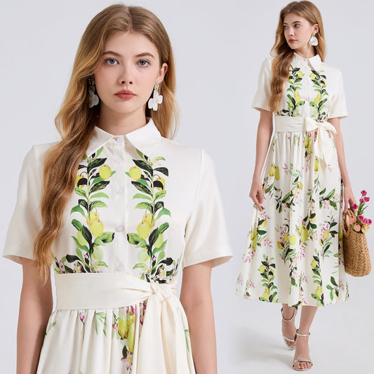 CM-DY045852 Women Elegant European Style Collar Neckline ShortSleeve High Waist A-Line Dress