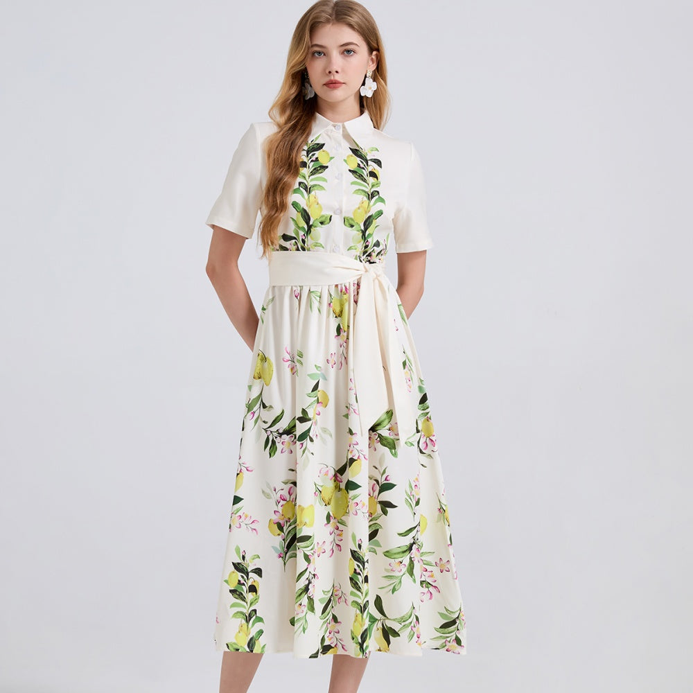 CM-DY045852 Women Elegant European Style Collar Neckline ShortSleeve High Waist A-Line Dress