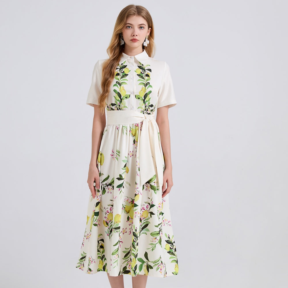 CM-DY045852 Women Elegant European Style Collar Neckline ShortSleeve High Waist A-Line Dress