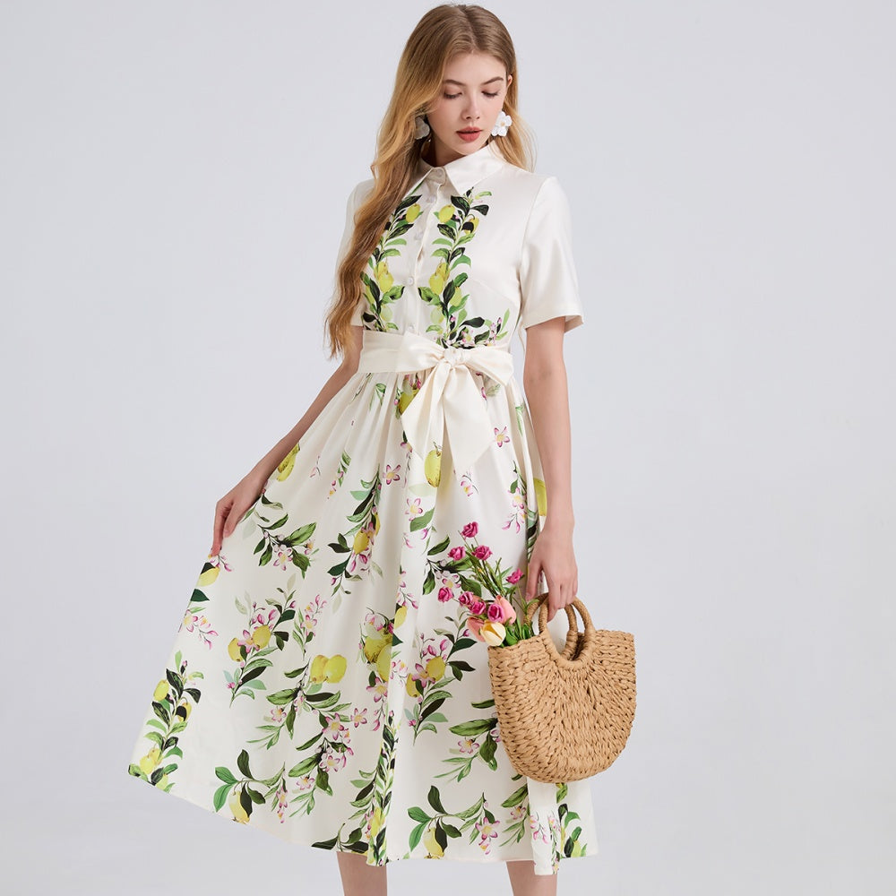 CM-DY045852 Women Elegant European Style Collar Neckline ShortSleeve High Waist A-Line Dress