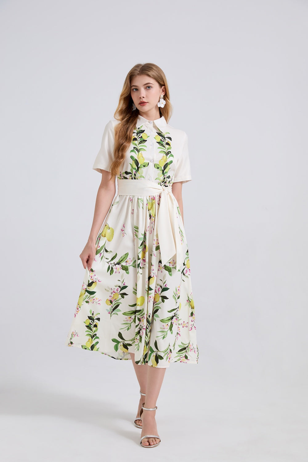 CM-DY045852 Women Elegant European Style Collar Neckline ShortSleeve High Waist A-Line Dress