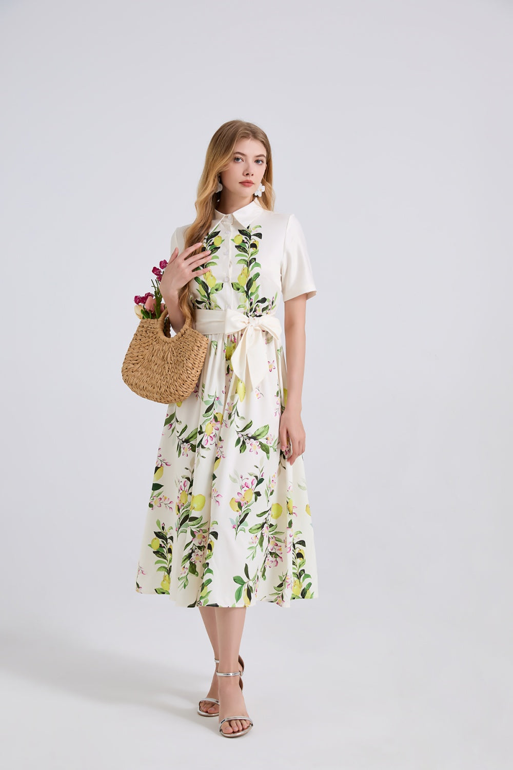 CM-DY045852 Women Elegant European Style Collar Neckline ShortSleeve High Waist A-Line Dress
