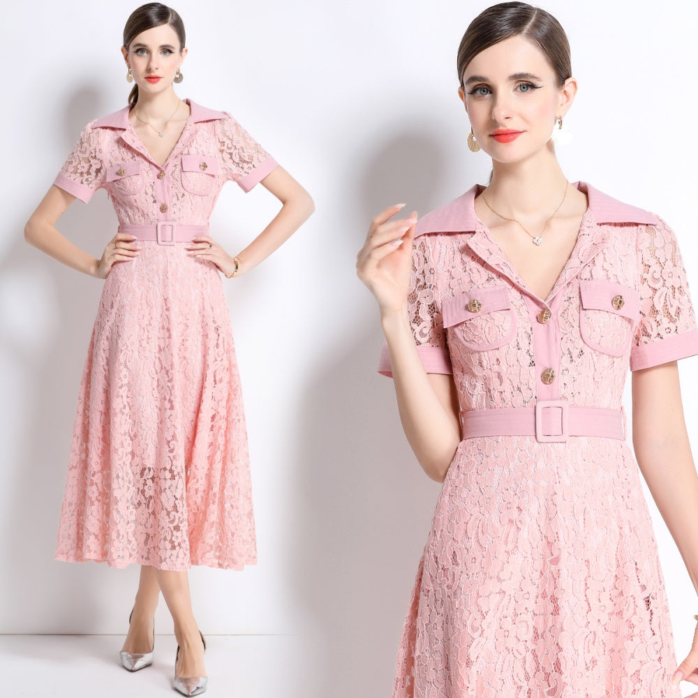CM-DY045857 Women Elegant European Style Lapel Neckline Short Sleeve High Waist A-Line Dress With Belt - Pink