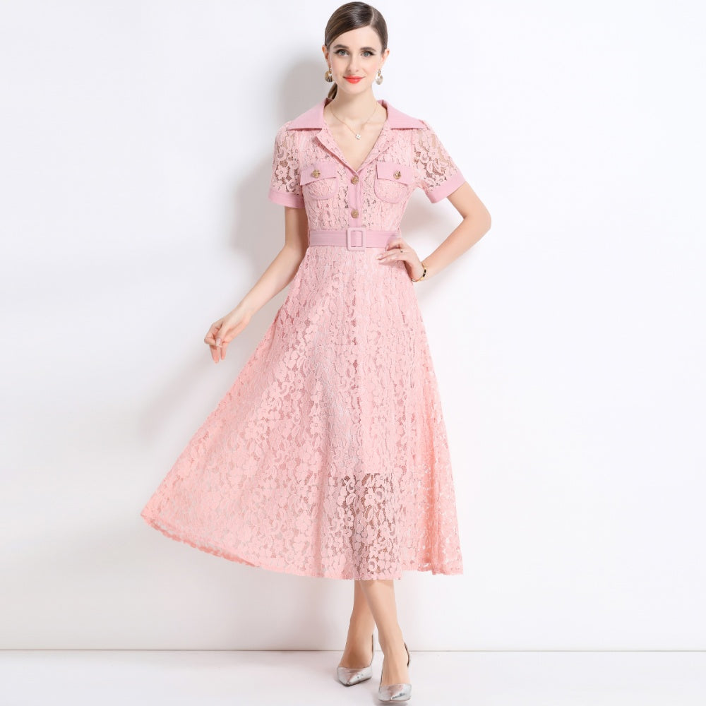CM-DY045857 Women Elegant European Style Lapel Neckline Short Sleeve High Waist A-Line Dress With Belt - Pink