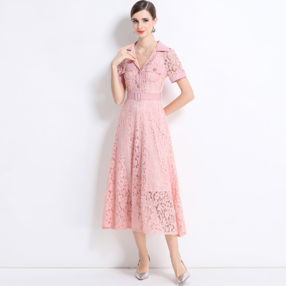 CM-DY045857 Women Elegant European Style Lapel Neckline Short Sleeve High Waist A-Line Dress With Belt - Pink