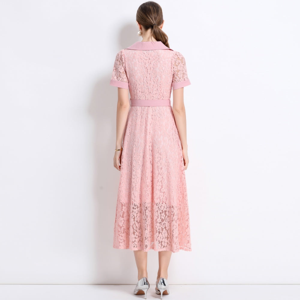CM-DY045857 Women Elegant European Style Lapel Neckline Short Sleeve High Waist A-Line Dress With Belt - Pink