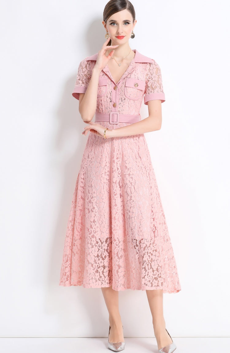 CM-DY045857 Women Elegant European Style Lapel Neckline Short Sleeve High Waist A-Line Dress With Belt - Pink
