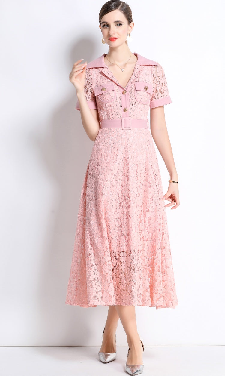 CM-DY045857 Women Elegant European Style Lapel Neckline Short Sleeve High Waist A-Line Dress With Belt - Pink