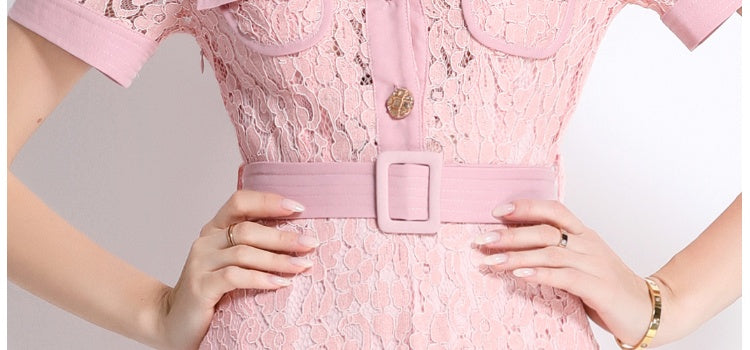 CM-DY045857 Women Elegant European Style Lapel Neckline Short Sleeve High Waist A-Line Dress With Belt - Pink