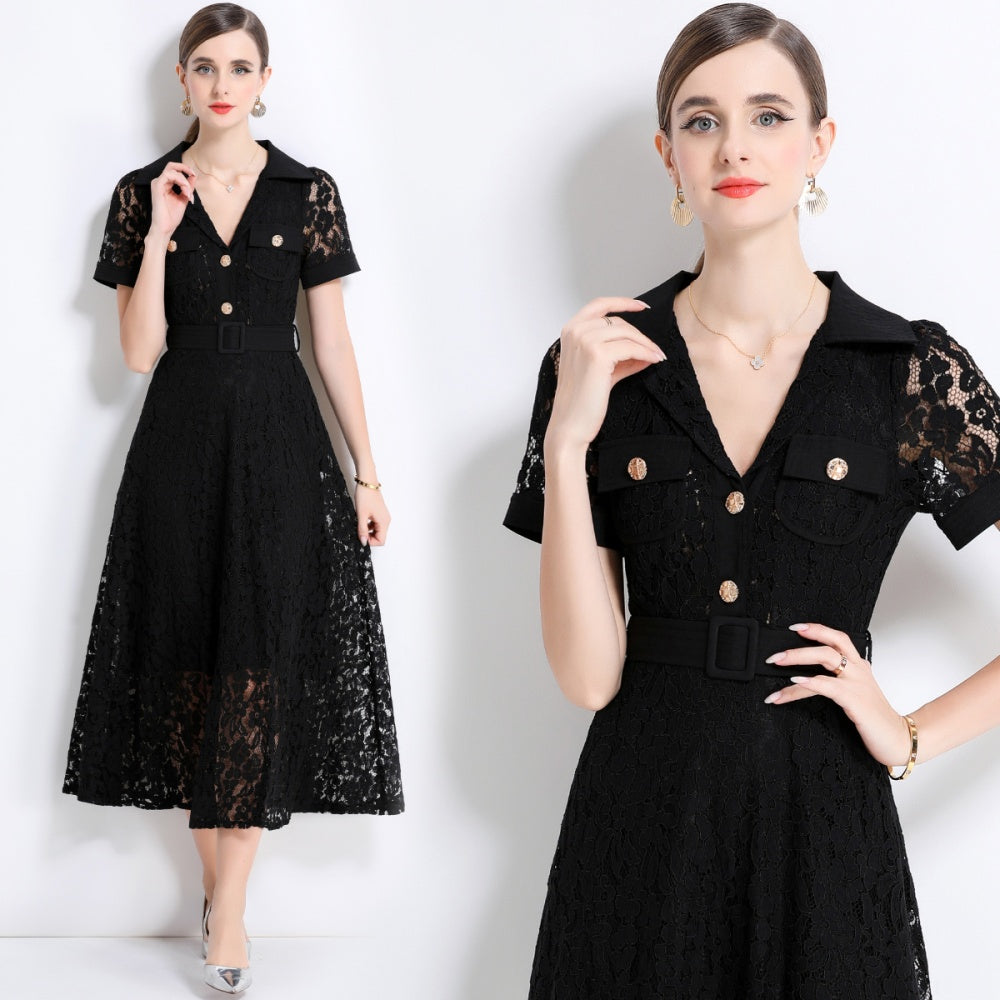 CM-DY045858 Women Elegant European Style Lapel Neckline Short Sleeve High Waist A-Line Dress With Belt - Black