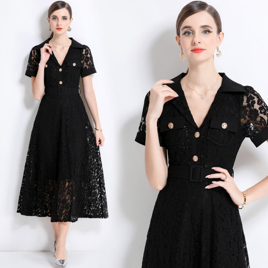 CM-DY045858 Women Elegant European Style Lapel Neckline Short Sleeve High Waist A-Line Dress With Belt - Black