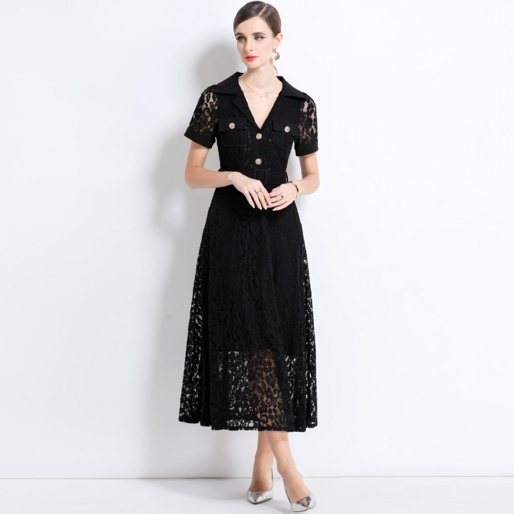 CM-DY045858 Women Elegant European Style Lapel Neckline Short Sleeve High Waist A-Line Dress With Belt - Black