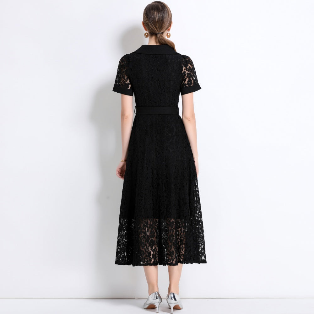 CM-DY045858 Women Elegant European Style Lapel Neckline Short Sleeve High Waist A-Line Dress With Belt - Black