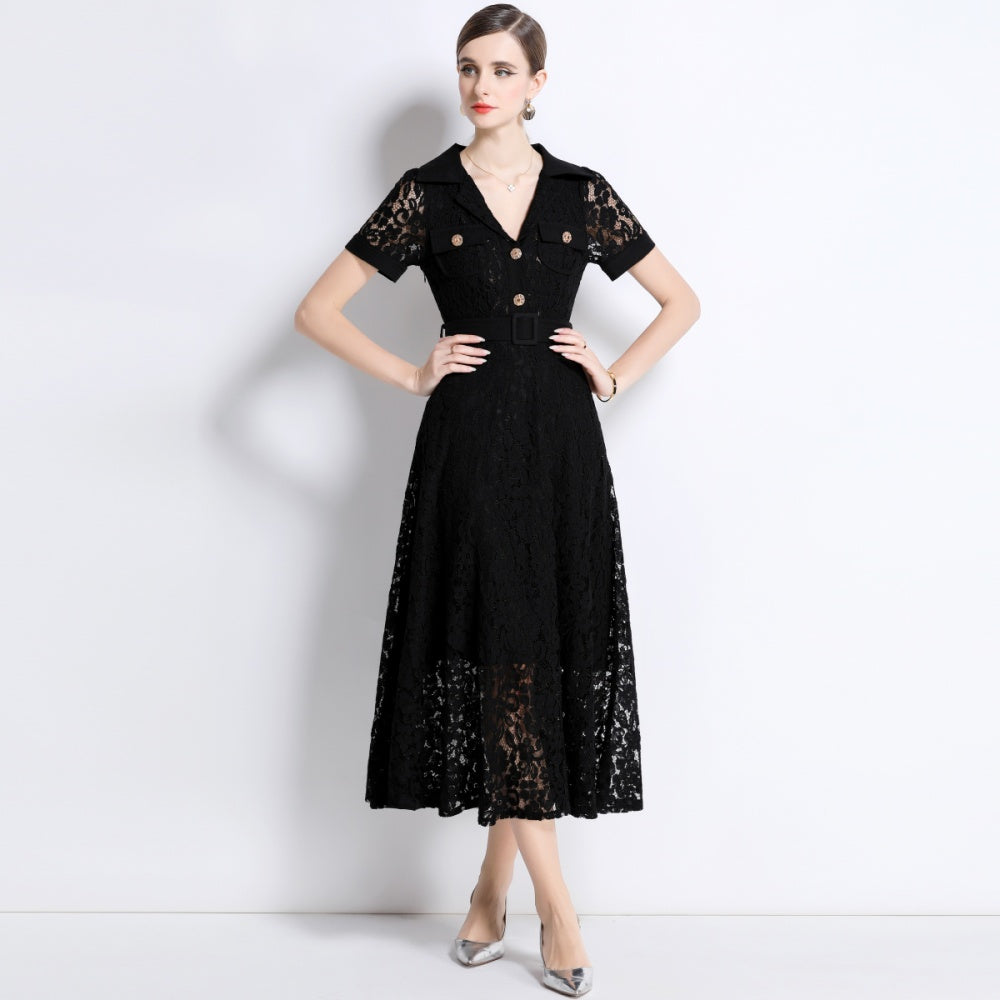CM-DY045858 Women Elegant European Style Lapel Neckline Short Sleeve High Waist A-Line Dress With Belt - Black