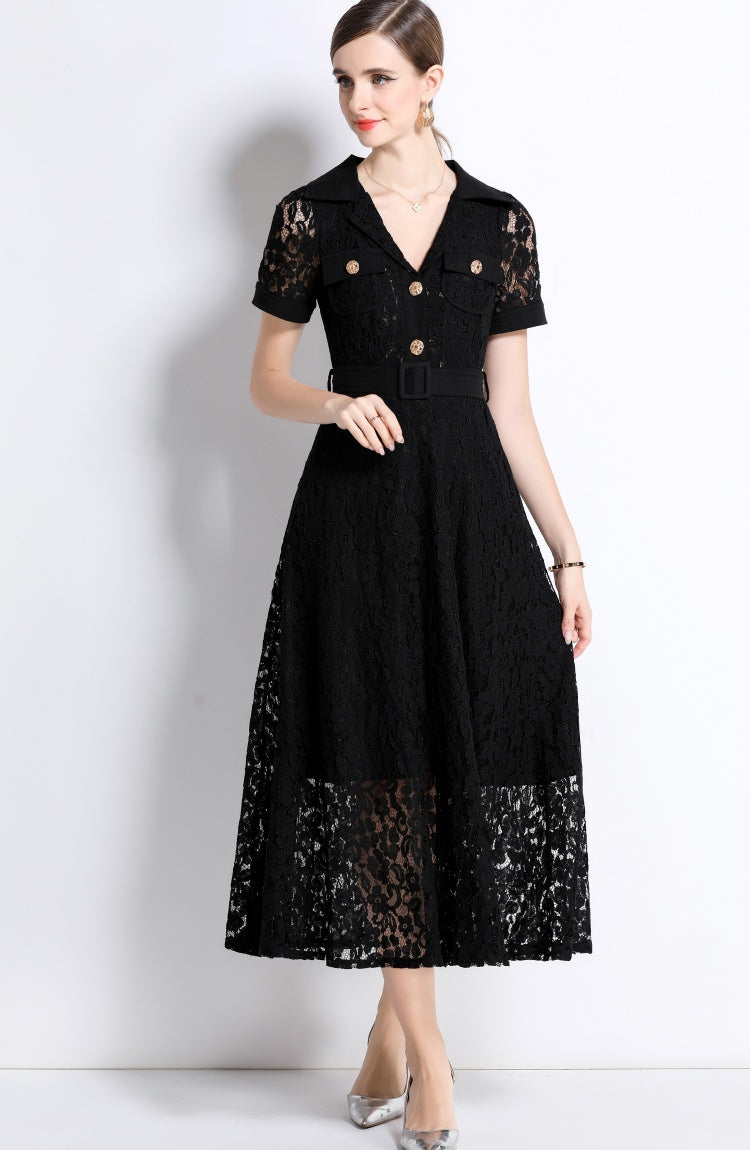 CM-DY045858 Women Elegant European Style Lapel Neckline Short Sleeve High Waist A-Line Dress With Belt - Black