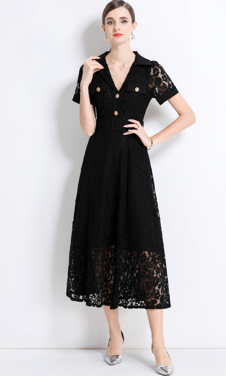 CM-DY045858 Women Elegant European Style Lapel Neckline Short Sleeve High Waist A-Line Dress With Belt - Black