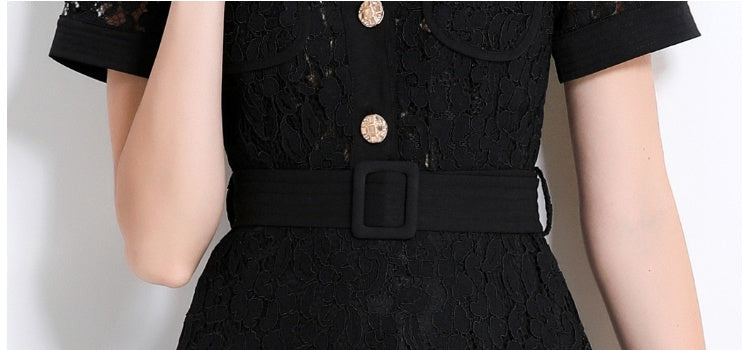 CM-DY045858 Women Elegant European Style Lapel Neckline Short Sleeve High Waist A-Line Dress With Belt - Black