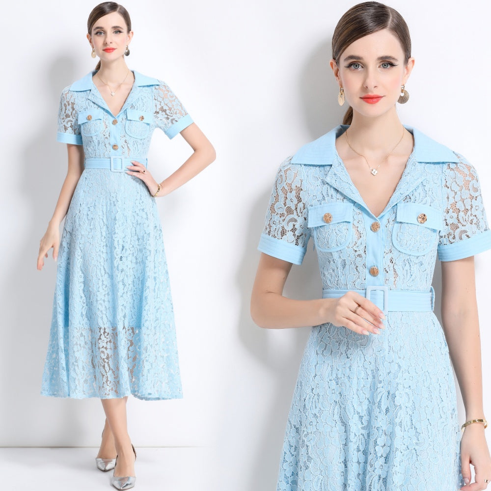 CM-DY045859 Women Elegant European Style Lapel Neckline Short Sleeve High Waist A-Line Dress With Belt - Light Blue