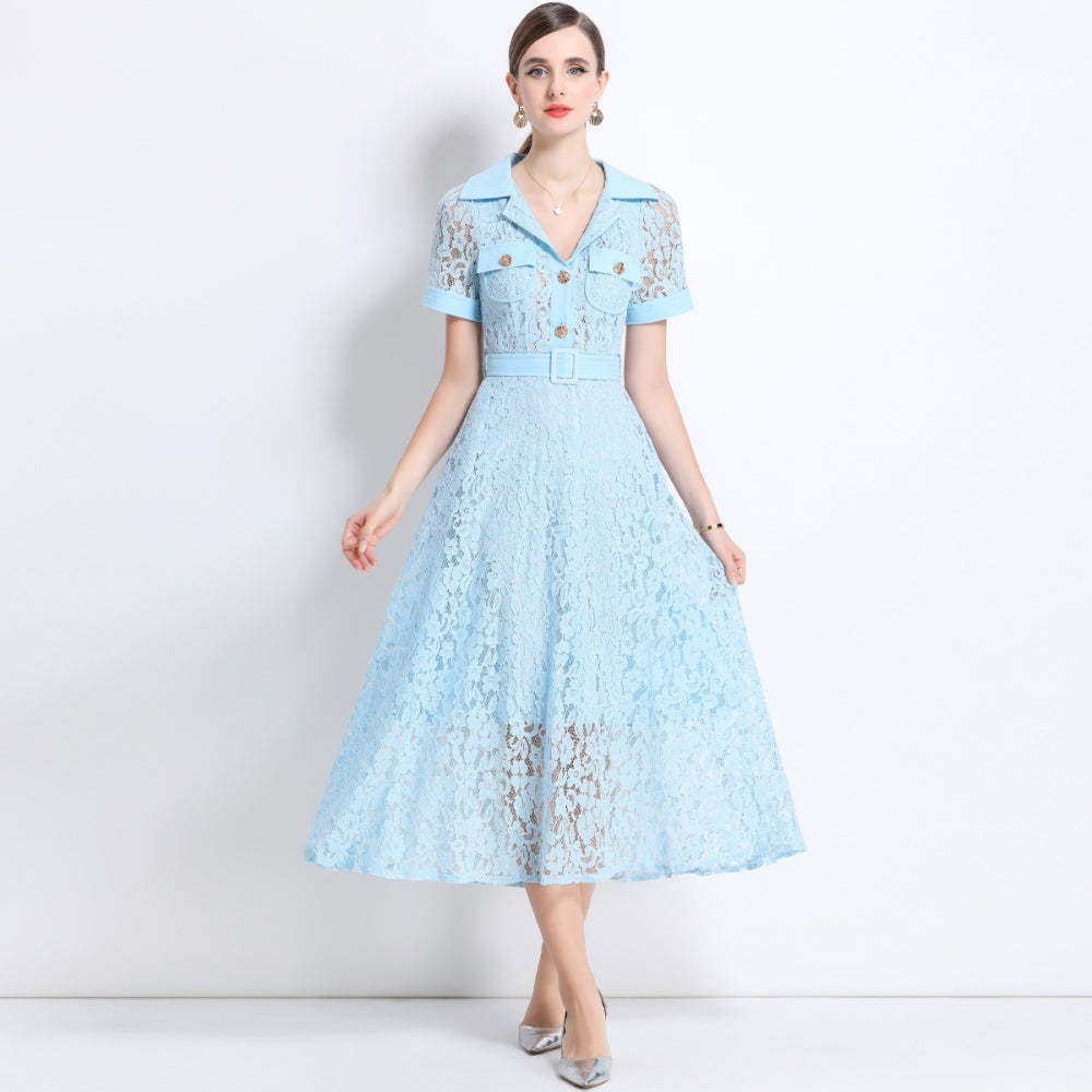 CM-DY045859 Women Elegant European Style Lapel Neckline Short Sleeve High Waist A-Line Dress With Belt - Light Blue
