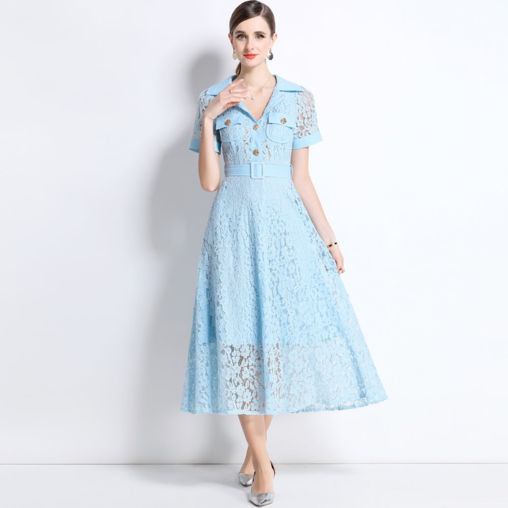 CM-DY045859 Women Elegant European Style Lapel Neckline Short Sleeve High Waist A-Line Dress With Belt - Light Blue