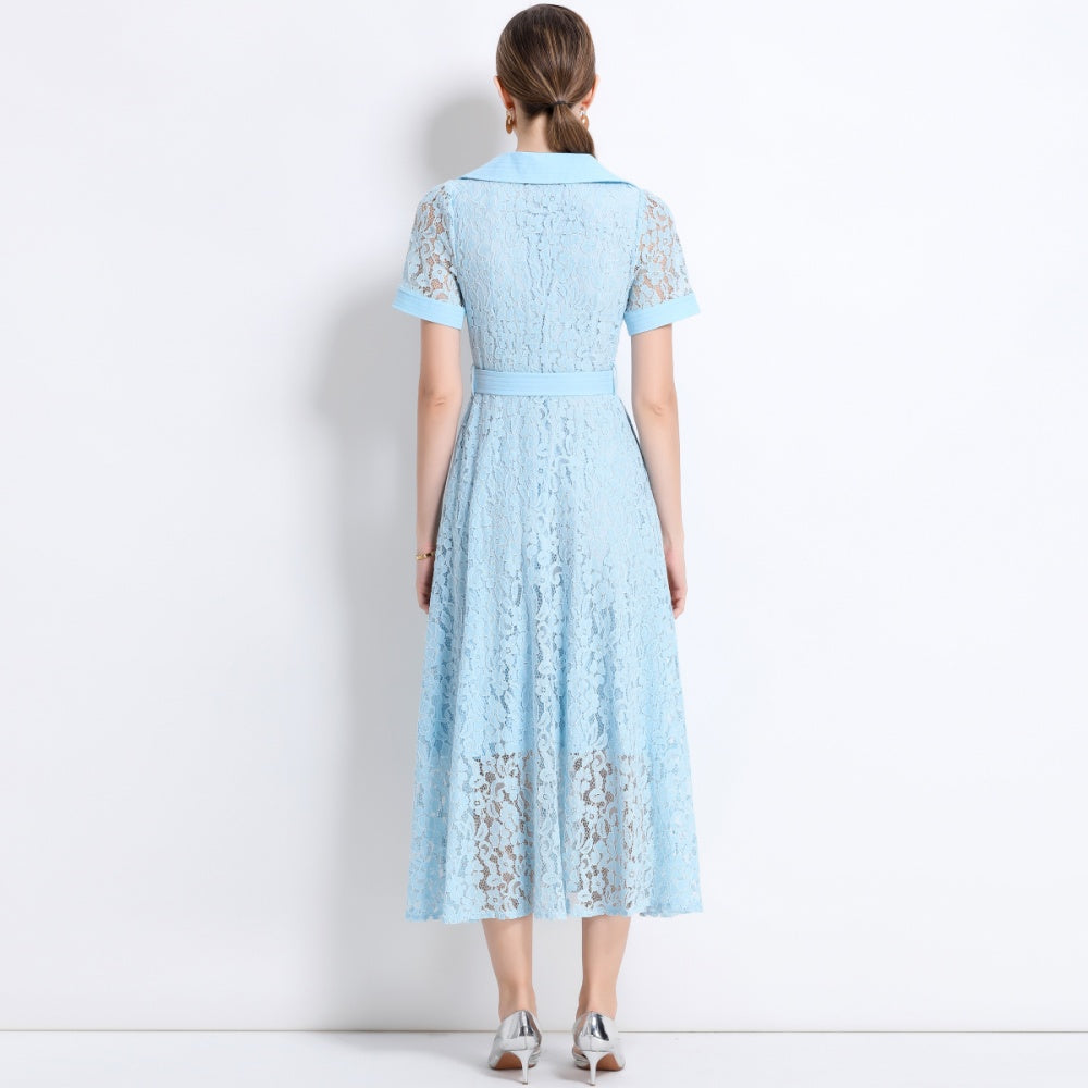 CM-DY045859 Women Elegant European Style Lapel Neckline Short Sleeve High Waist A-Line Dress With Belt - Light Blue