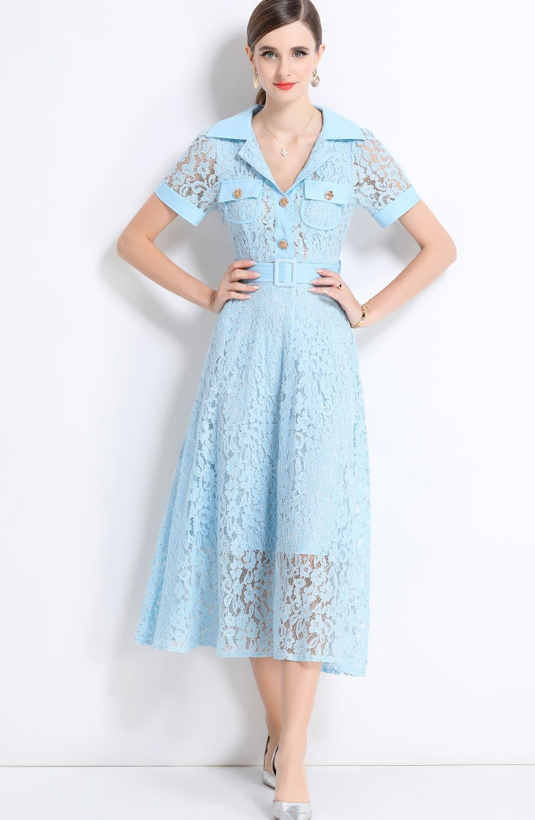 CM-DY045859 Women Elegant European Style Lapel Neckline Short Sleeve High Waist A-Line Dress With Belt - Light Blue