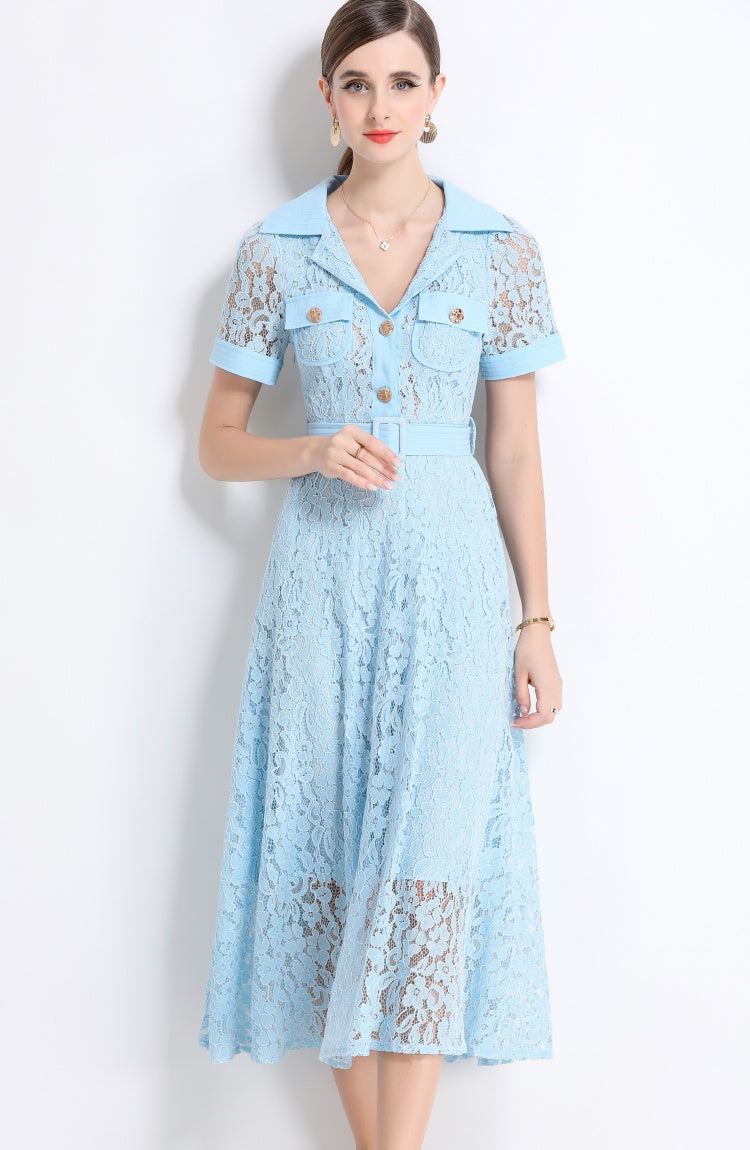 CM-DY045859 Women Elegant European Style Lapel Neckline Short Sleeve High Waist A-Line Dress With Belt - Light Blue