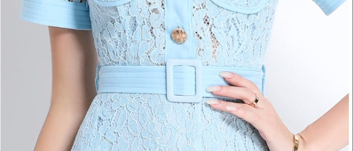 CM-DY045859 Women Elegant European Style Lapel Neckline Short Sleeve High Waist A-Line Dress With Belt - Light Blue