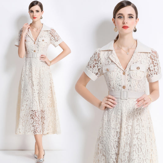 CM-DY045860 Women Elegant European Style Lapel Neckline Short Sleeve High Waist A-Line Dress With Belt - Apricot