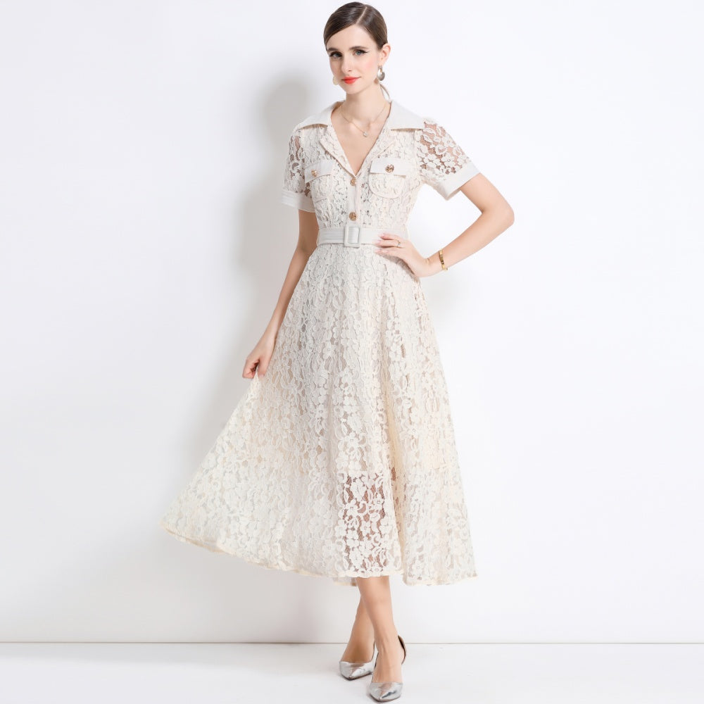 CM-DY045860 Women Elegant European Style Lapel Neckline Short Sleeve High Waist A-Line Dress With Belt - Apricot