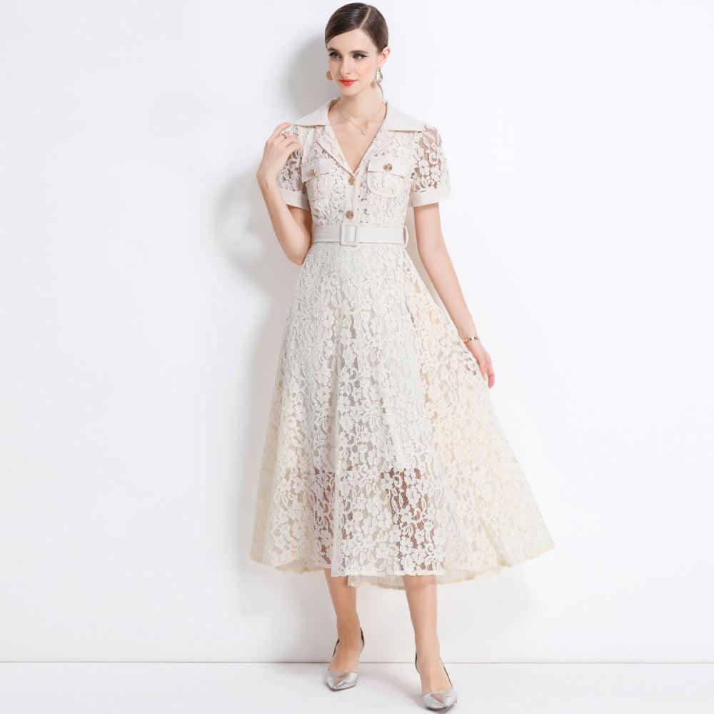 CM-DY045860 Women Elegant European Style Lapel Neckline Short Sleeve High Waist A-Line Dress With Belt - Apricot