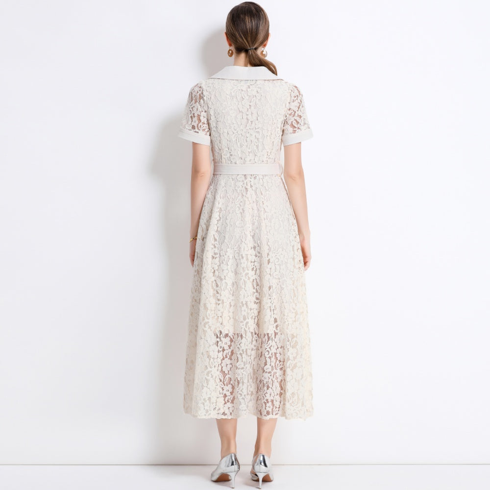 CM-DY045860 Women Elegant European Style Lapel Neckline Short Sleeve High Waist A-Line Dress With Belt - Apricot
