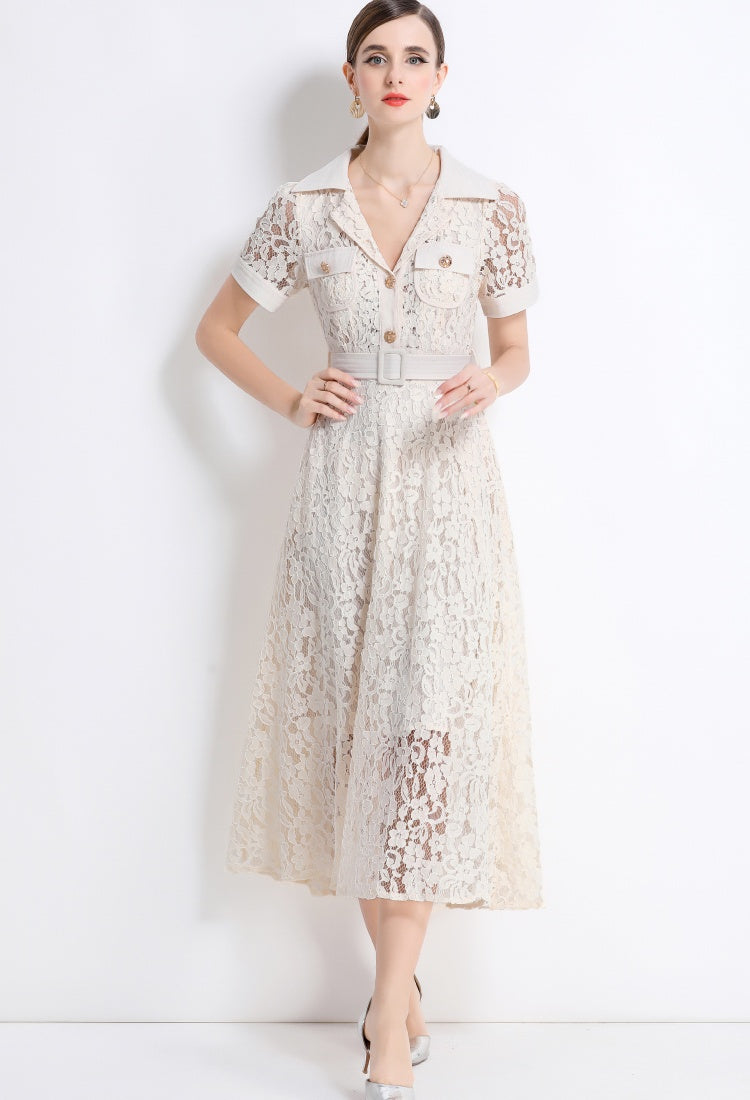 CM-DY045860 Women Elegant European Style Lapel Neckline Short Sleeve High Waist A-Line Dress With Belt - Apricot