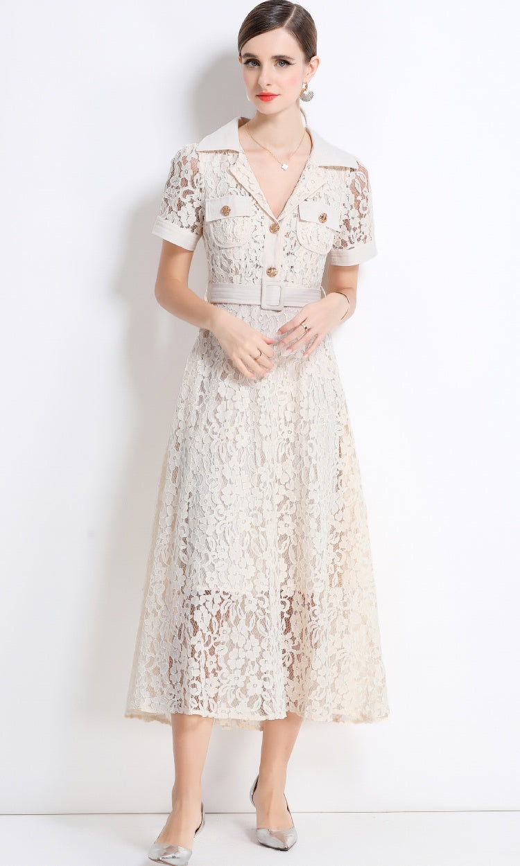 CM-DY045860 Women Elegant European Style Lapel Neckline Short Sleeve High Waist A-Line Dress With Belt - Apricot