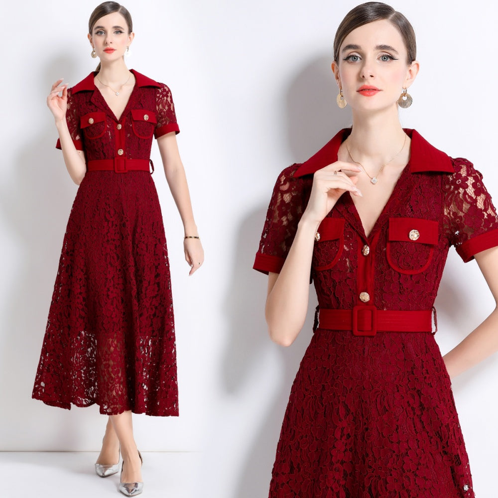 CM-DY045861 Women Elegant European Style Lapel Neckline Short Sleeve High Waist A-Line Dress With Belt - Dark Red